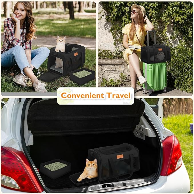 PETUX Cat Travel Carrier with Litter Box - 17"x11"x9.5", TSA Airline Approved, Underseat, Soft Sided Pet Carrier for Small Cats Under 12 lb with Safety Zipper, Anti-Scratch Mesh - Black