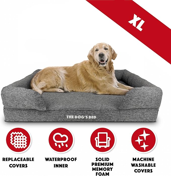 The Dog’s Bed, XL Grey Poly-Linen, Memory Foam, Pain Relief: Arthritis, Hip & Elbow Dysplasia, Post Surgery, Lameness, Supportive, Calming, Waterproof Washable Cover, Veterinary Approved