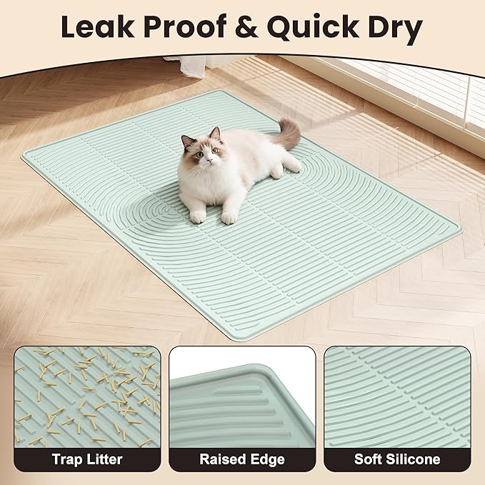 Cat Litter Mat, 40" x 28" Extra Large Silicone Litter Box Mat for Floor, Pet Trapping Litter Rug Pad, Soft Cat Paws, Easy to Clean, Waterproof/Urine-Proof, Garbage Recyclable (Green)