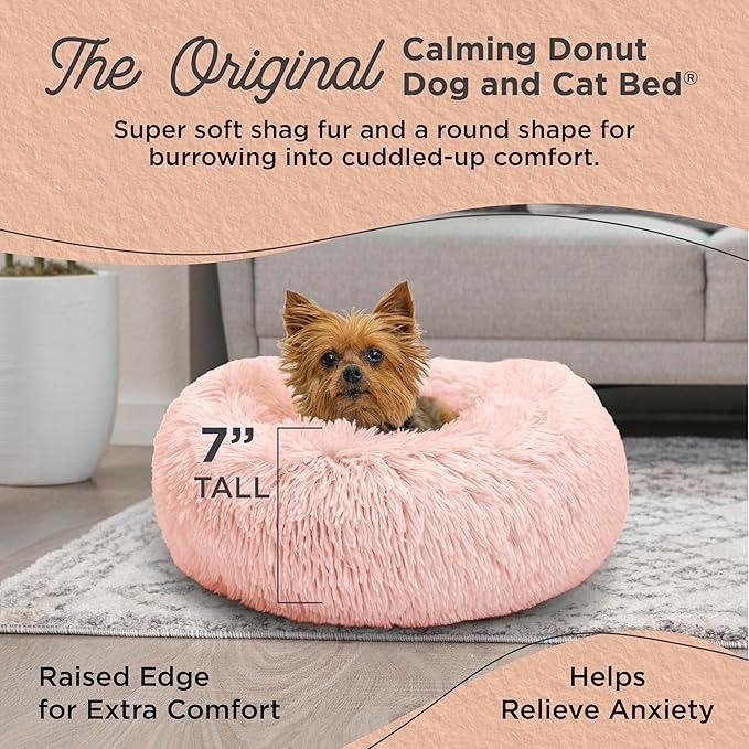 Best Friends by Sheri Original Calming Donut Dog and Cat Bed, Shag Faux Fur, Cotton Candy Pink, XS (18in x 18in) - Anxiety Relief for Pets Up to 10 lbs