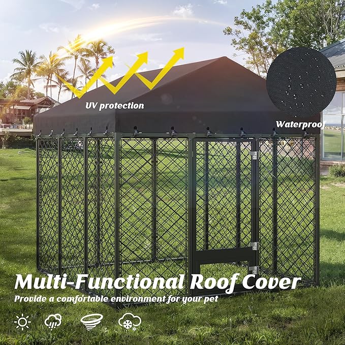 6x6FT Heavy Duty Outdoor Dog Kennel with Roof – Large Dog Enclosure & Weatherproof Dog House, Secure Metal Fence Playpen with Double Lock & Feeding Swivel Door for Big Dogs