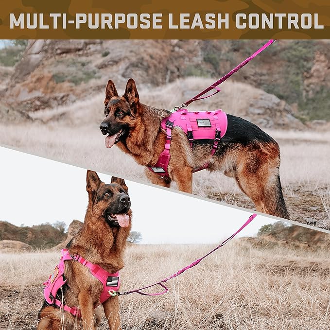 Forestpaw Pink Tactical Dog Harness for Large Dogs,Tactical Dog Collar with Bungee Leash Set,No Pull Military Dog Harness for Walking Training,Adjustable for Medium Large Dogs,Chest 19.5-41.5"
