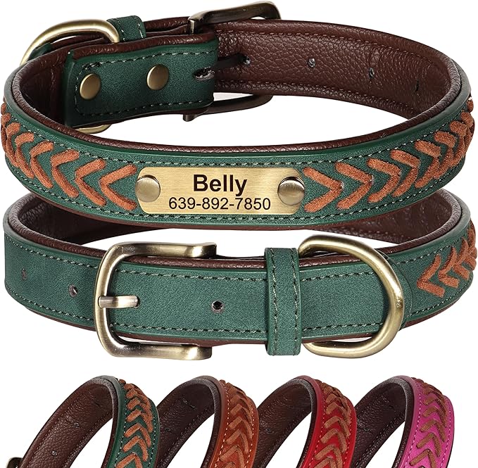 Personalized Dog Collars Custom Premium PU Leather Dog Collar with Name and Phone Number Engraved Name Plate for Large Dogs Customized Customizable Adjustable Dog Collar, Green,L(14-18")