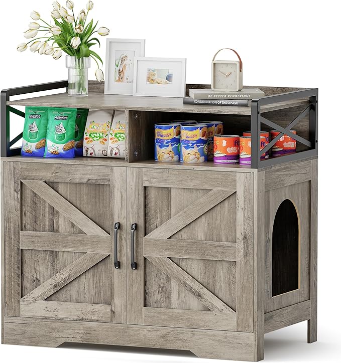 35" Ultra-Large Cat Litter Box Enclosure, Hidden Litter Box Cabinet with Anti-Tipping Fence and 2 Open Drawers, Enclosed Litter Box Furniture End Table, Grey