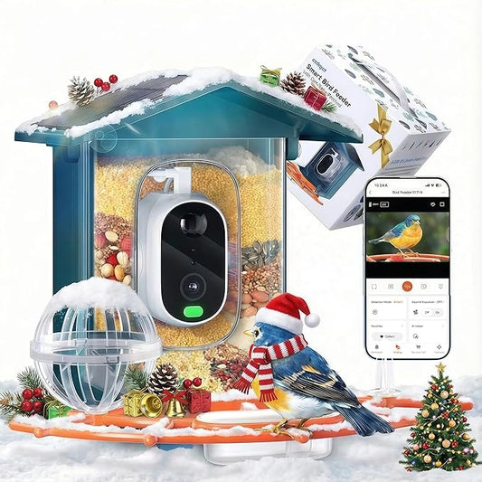 outinput 2.5K Smart Bird Feeder with Camera Solar Powered, AI Bird Species Identification, Squirrel Proof, Real-Time Video Notifications, Weatherproof, Ideal Gift for Family and BirdLovers, Navy Blue