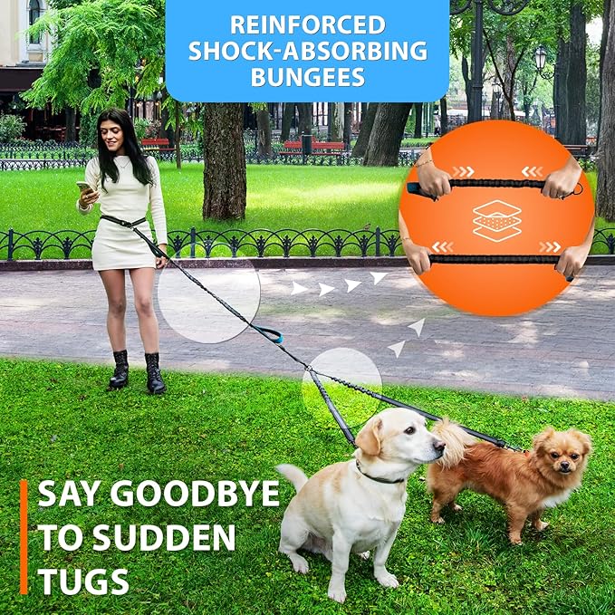 SparklyPets - Hands Free Double Dog Leash - Dual Leash for 2 Small Dogs - with Padded Handles, Reflective Stitches - No Pull, Tangle Free, for Dog Walking, Hiking, Canicross - for Small Dogs