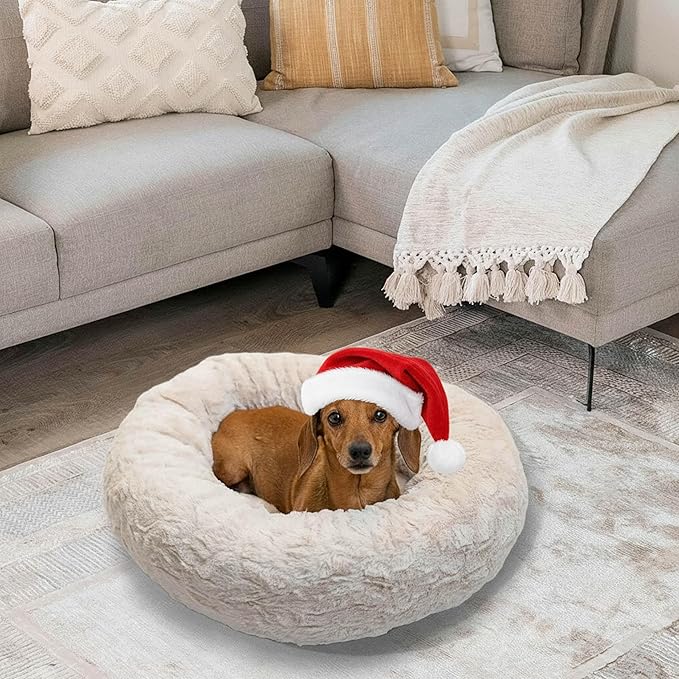 Best Friends by Sheri The Original Calming Donut Dog Bed – Washable Plush Pet Bed for Cats & Small Dogs up to 25 lbs, Lux Faux Fur, Oyster, Small (23" x 23")