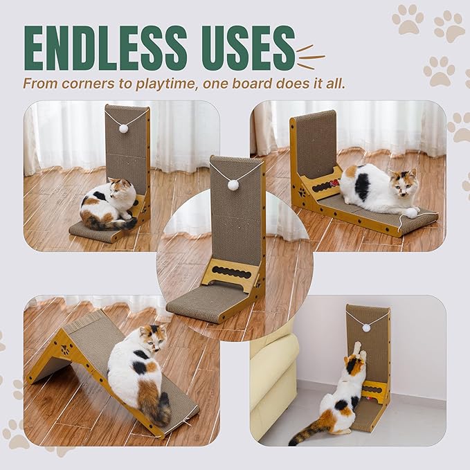 Cat Cuddles Cardboard Cat Scratcher for Indoor Cats - 3-in-1 Vertical & Horizontal Cardboard Scratch Pad with Toy Ball - L-Shape Scratching Post for Furniture Protection