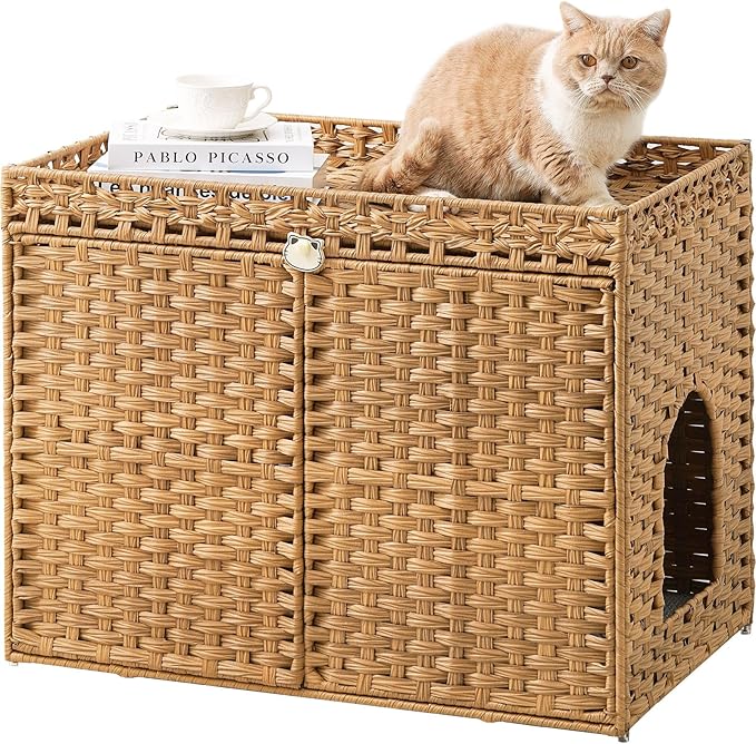 Cat Litter Box Enclosure Furniture, Handwoven Rattan Hidden Litter Box with Mat, Large Space Cat House with 2 S-Shaped Hooks 30.3 x 18.3 x 24.4 Inches, Indoor for Living Room Apartment Natural