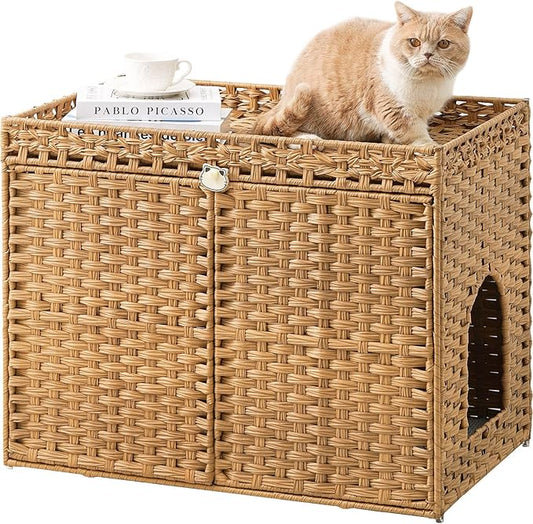 Cat Litter Box Enclosure Furniture, Handwoven Rattan Hidden Litter Box with Mat, Large Space Cat House with 2 S-Shaped Hooks 30.3 x 18.3 x 24.4 Inches, Indoor for Living Room Apartment Natural