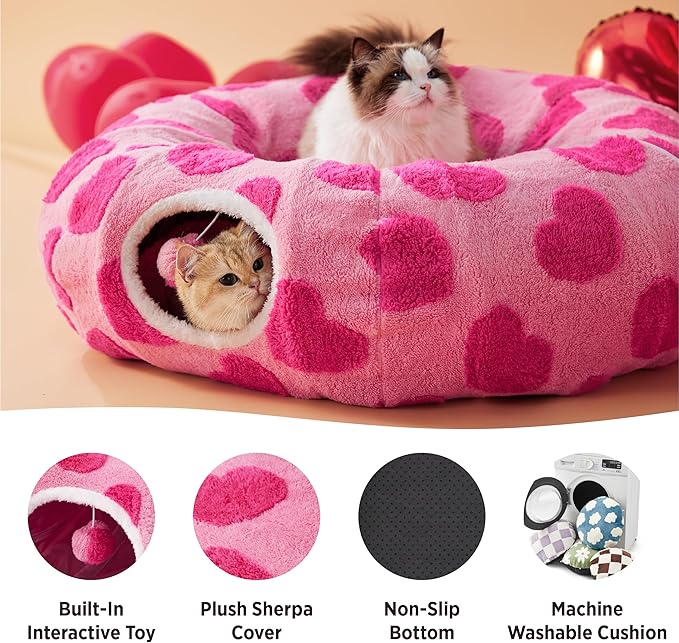 Lesure Cat Tunnel Bed for Indoor Cats - Cute Cat Donut Tunnel Toys with Washable Circle Cushion, Round Pet Peekaboo Cave Toy for Kitten/Puppy/Rabbit, Standard Pink Hearts