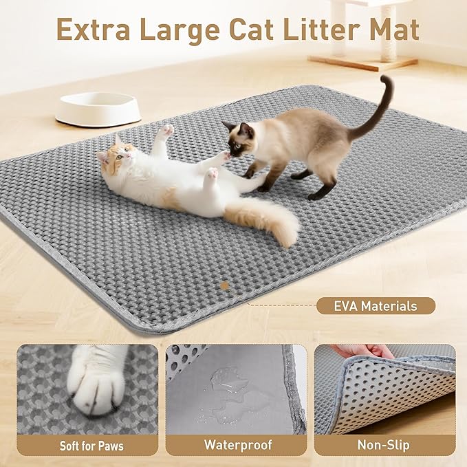 Large Cat Litter Mat for Litter Box, 47"×27.5" Double Layer Trapping Mat, Non-Slip Water Proof Kitty Litter Pad, Grey