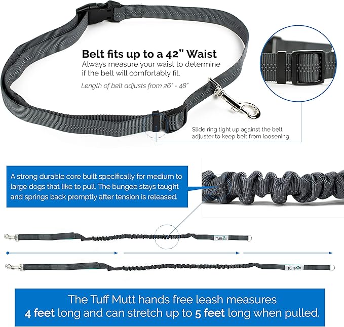 Tuff Mutt Hands-Free Waist Leash for Dog Walking, Running and Hiking, Adjustable Belt with Double Handle, Reflective Bungee Design for Large & Medium Dogs