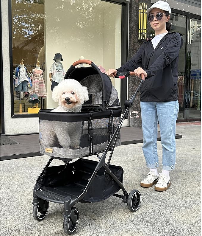 ROODO Fashion 3-in-1 Dog Cat Stroller with Detachable Carrier&Car Seat Combo Best Lightweight Folding Portable All-Terrain Travel Pet Gear Puppy Doggie Kitty Stroller for up to 35 lbs(Grey Lattice)