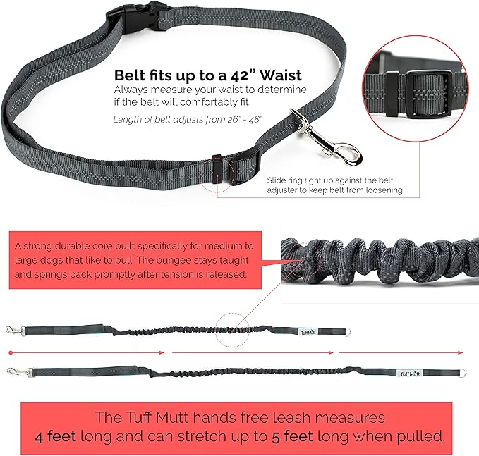 Tuff Mutt Hands-Free Waist Leash for Dog Walking, Running and Hiking, Adjustable Belt with Double Handle, Reflective Bungee Design for Large & Medium Dogs