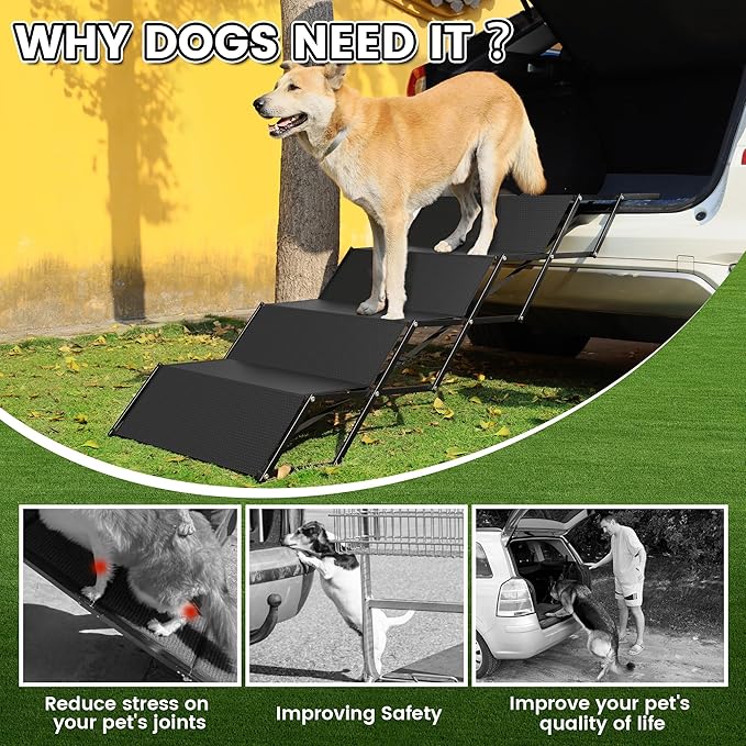 23.6" Extra-Wide Dog Car Ramp - Portable Dog Stairs with Non-Slip Surface, 250 lbs Capacity for Large Dogs, Extra-Wide Foldable Dog Steps for Cars, SUVs, High Beds, and Trucks