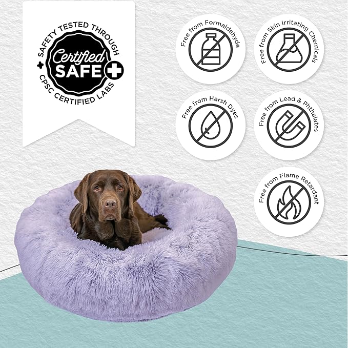 Best Friends by Sheri Original Calming Donut Dog and Cat Bed, Shag Faux Fur, Lavender, (36in x 36in) - Anxiety Relief for Pets Up to 100 lbs