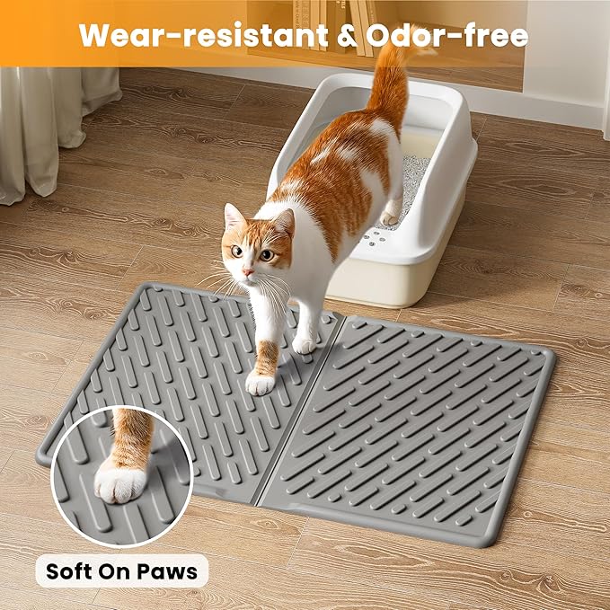 Pieviev Cat Litter Box Mat, 24"x 17" EVA Scratch Resistant Litter Trapping Mat, Easy Clean for Scatter Control, Soft on Kitty Paws, Waterproof & Urine Proof for Indoor Use, Gray