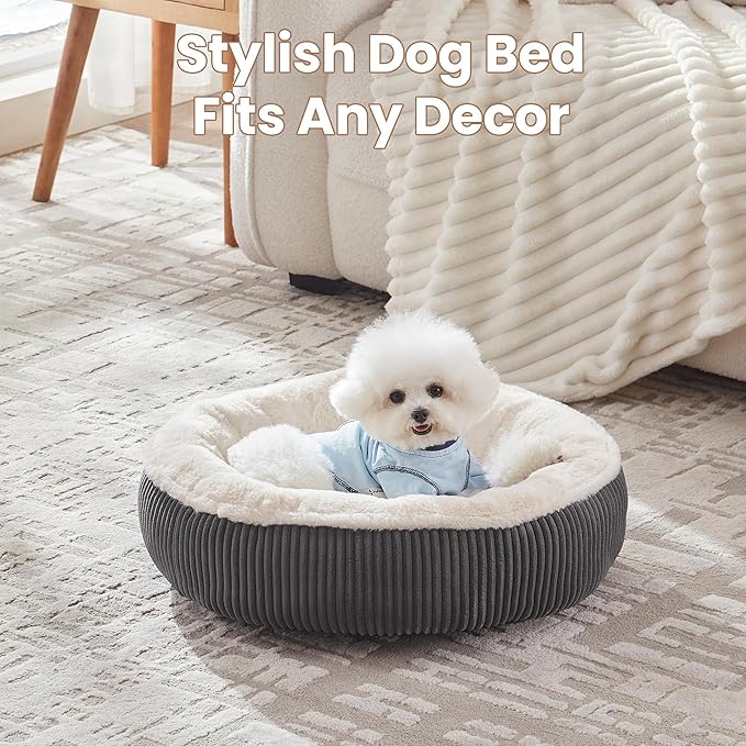 23 inches Donut Dog Bed for Small Dogs - Calming Round Puppy Bed with Removable &Washable Cover, Plush Faux Fur & Corduroy Pet Bed for Cats, Fits Pets up to 15 lbs(Dark Grey,Small)