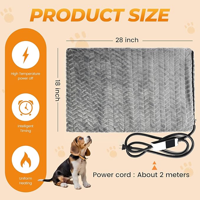 PatiencET 18"x28" Heated Pet Bed – Large Cat & Small Dog Heating Pad, 6-Temp Thermostat, 5-Timer, Washable Flannel Cover, Warming Mat for Sofa, Crate, Kennel