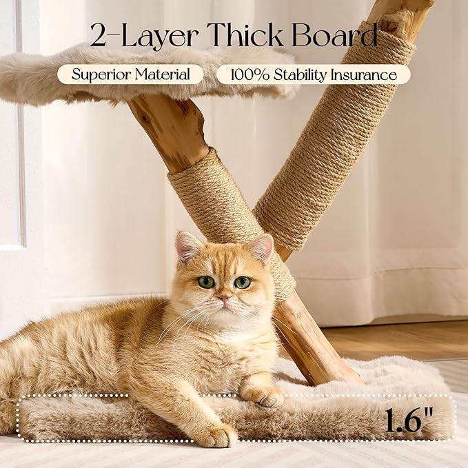 Solid Wood Cat Tree, Modern Cat Tree Tower for Large Indoor Cats, Natural Real Pear Wooden Aesthetic Cat Condo with Scratching Post for Adult Kittens-Khaki