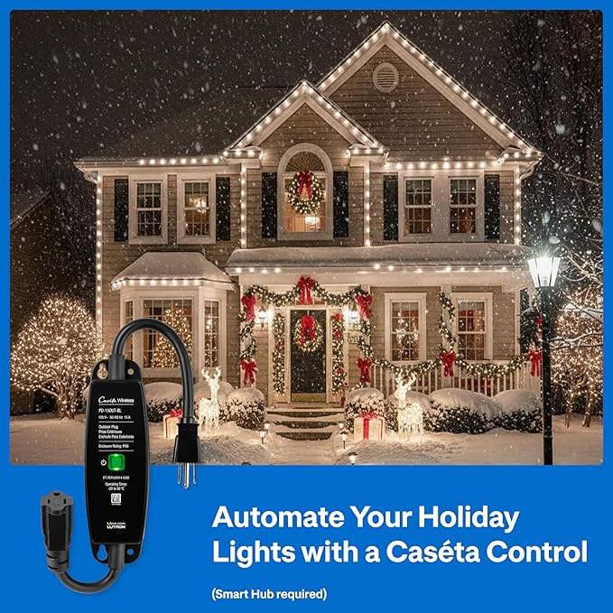 Lutron Smart Outdoor Plug for Caseta Smart Lighting, for Summer, Patio, Backyard, and Outdoor Lights, & Motors, 15A LED Fixtures & 1/2 HP Motors, PD-15OUT-BL, Black