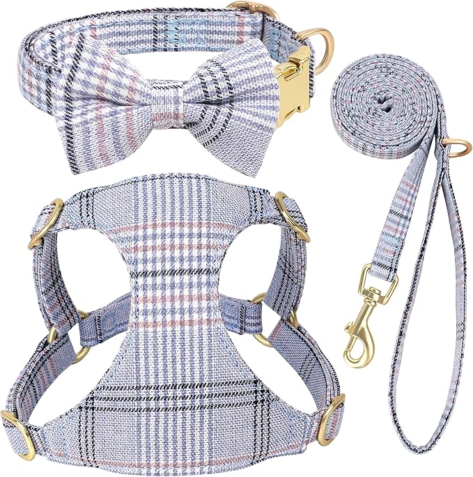 Beirui Cute Extra Small Dog Harness Collar and Leash Set with Bowtie, Soft Adjustable Plaid Puppy Harness for Small Sized Dogs Cats Walks Parties and Photoshoots(Blue,XS:Chest 13-18")
