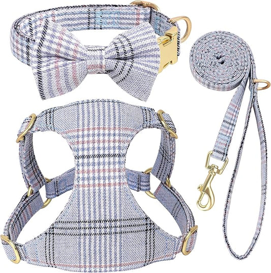 Beirui Cute Extra Small Dog Harness Collar and Leash Set with Bowtie, Soft Adjustable Plaid Puppy Harness for Small Sized Dogs Cats Walks Parties and Photoshoots(Blue,XS:Chest 13-18")