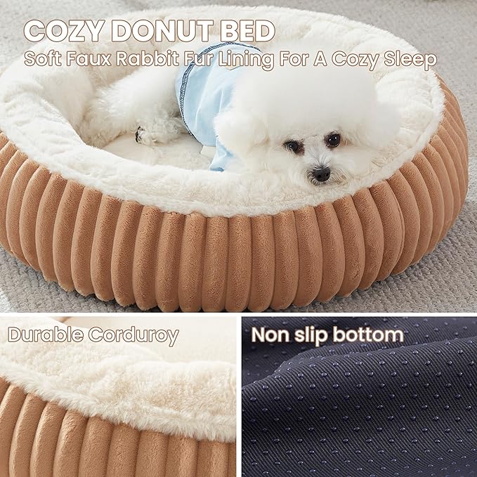 23 inches Donut Dog Bed for Small Dogs - Calming Round Puppy Bed with Removable Cover, Washable Milk Plush Faux Fur Pet Bed for Cats, Fits Pets up to 15 lbs(Brown,Small)