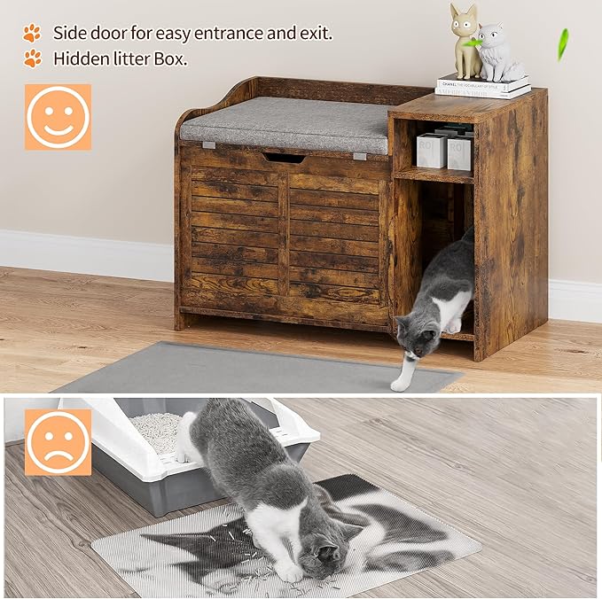 Cat Litter Box Enclosure Furniture with Top Opening and Cushion, Hidden Litter Box Cabinet with Storage, Privacy Cat Box Enclosure, Brown