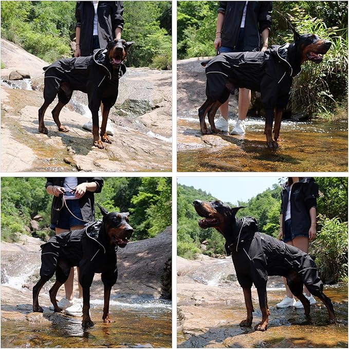 LOVELONGLONG Waterproof Dog Raincoat with Removable Hood – Outdoor Full Body Dog Jacket, Windproof Snowproof Shell Suit – All Season Pet Rain Gear Black XL