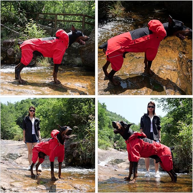 LOVELONGLONG Waterproof Dog Raincoat with Removable Hood – Outdoor Full Body Dog Jacket, Windproof Snowproof Shell Suit – All Season Pet Rain Gear Red M