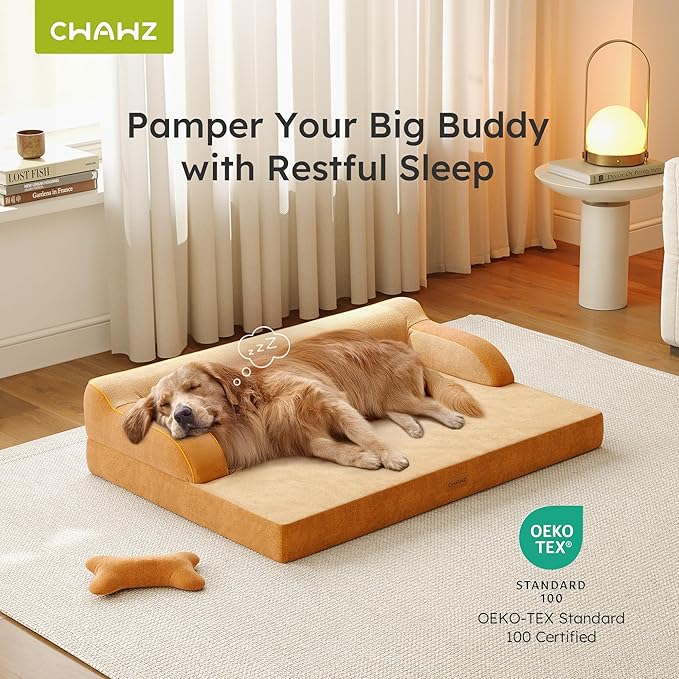 XXL Orthopedic Dog Bed, Big Dog Bed for Large Dogs, Dual-Sided Pet Cooling Beds with Memory Foam Washable Cover Nonslip Bottom, Waterproof Pet Couch with Bolsters, Brown