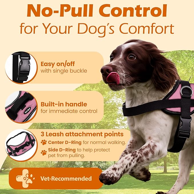 Bark Appeal Light Pink No-Pull Dog Harness for XS to Small Sized Pets – Adjustable, Reflective Vest with 3 Leash Clips for Added Control, Easy Walks & Training – Small