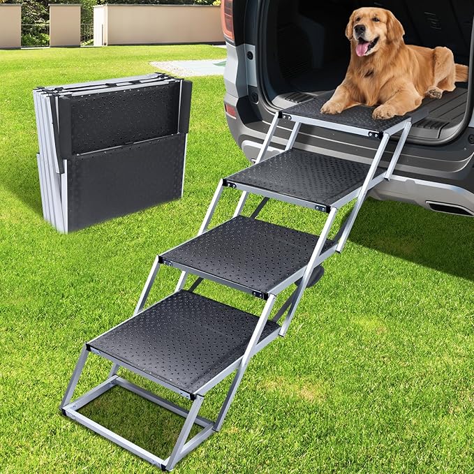 Dog Stairs for Large Dogs, Extra Wide Dog Ramp for Car with Non-Slip Surface, Folding and Portable Dog Car Ramp for SUV & Car, Outdoor, Supports up to 250 lbs, 4 Steps