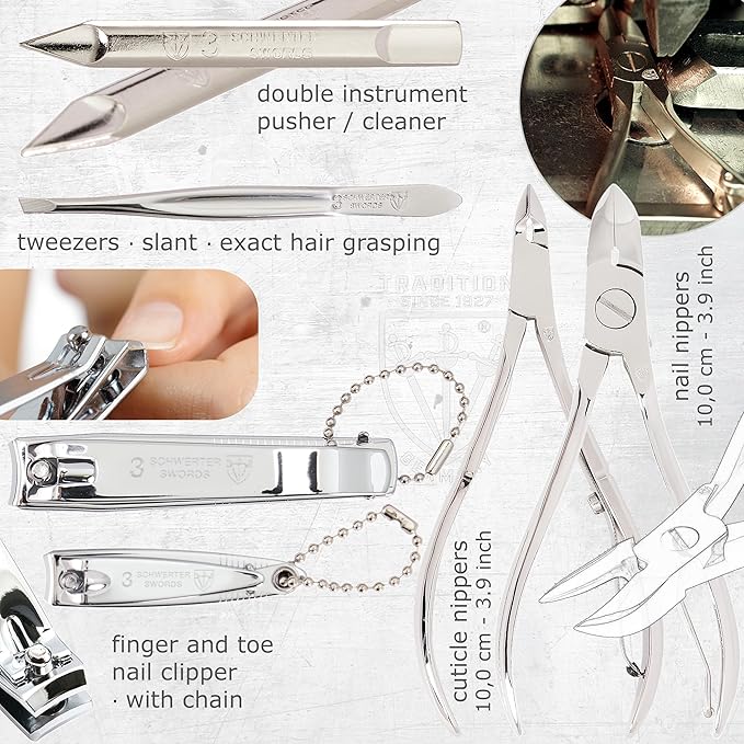 3 Swords Germany - brand quality 10 piece manicure pedicure grooming kit set for professional finger & toe nail care scissors clipper fashion leather case in gift box, Made by 3 Swords (00286)