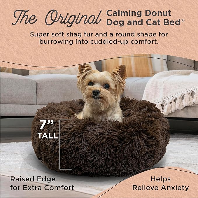 Best Friends by Sheri Original Calming Donut Dog and Cat Bed, Shag Faux Fur, Dark Brown, XS (18in x 18in) - Anxiety Relief for Pets Up to 10 lbs