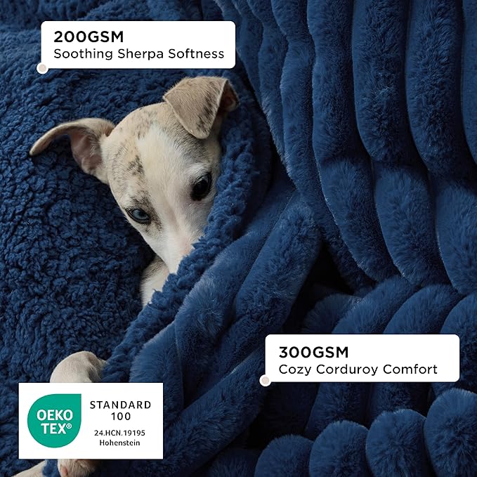 Bedsure Waterproof Dog Blankets for Small Dogs - Soft Puppy Cat Blanket Corduroy Fleece Washable, Cozy Calming Reversible Furniture Protection for Pet Kitten Doggy,25"x35", Navy Blue