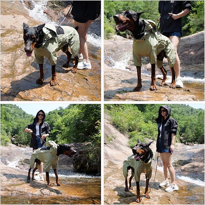 LOVELONGLONG Waterproof Dog Raincoat with Removable Hood – Outdoor Full Body Dog Jacket, Windproof Snowproof Shell Suit – All Season Pet Rain Gear Sage Green 4XL