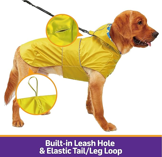 Dog Raincoat Reversible, Single Side Slicker Poncho Adjustable Waterproof Dog Rain Jacket with Leash Hole/Reflective Stripe Hooded Snowproof Windproof Clothes for Small to 3X-Large Dogs, M