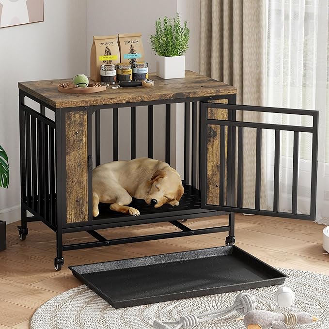 32 Inch Heavy Duty Dog Crate Furniture, Indestructible Wooden Dog Cage Kennel with Lockable Wheels and Removable Tray, Indoor Escape Proof Dogs House for Small Medium Dogs for Living Room Bedroom