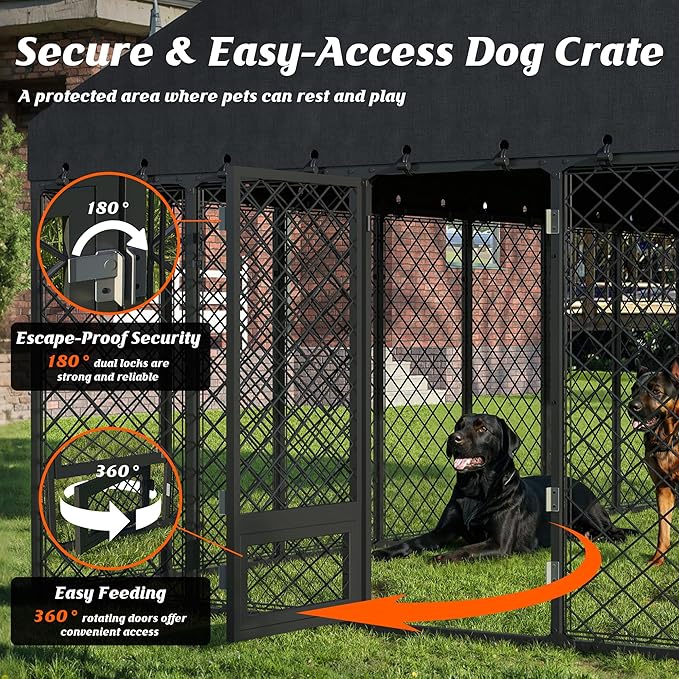 10x14FT Heavy Duty Outdoor Dog Kennel with Roof – Large Dog Enclosure & Weatherproof Dog House, Secure Metal Fence Playpen with Double Lock & Feeding Swivel Door for Big Dogs