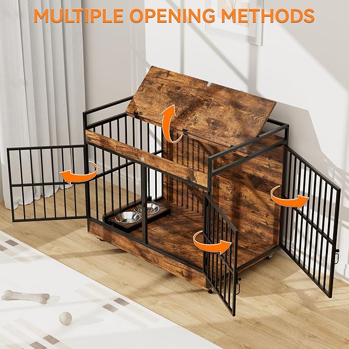 45 Inch Dog Crate Furniture for Large Dog with 2 Stainless Steel Bowls, XL Heavy Duty Dog Kennel Indoor, Large Wooden Dog Crate Table for Decorate House As TV Stand, End Table
