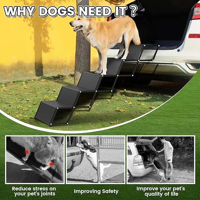 Dog Car Ramp - Portable 5-Step Aluminum Dog Stairs with Non-Slip Surface, Supports up to 250 lbs,17.3" Wide Foldable Dog Steps for Cars, SUVs, High Beds, and Trucks
