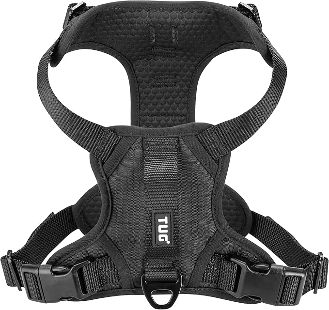 TUG Dog Harness with 2 Leash Connection Points | Adjustable, Padded, Lightweight | Handle on Back | No-Pull Front Clip (Large, Black)
