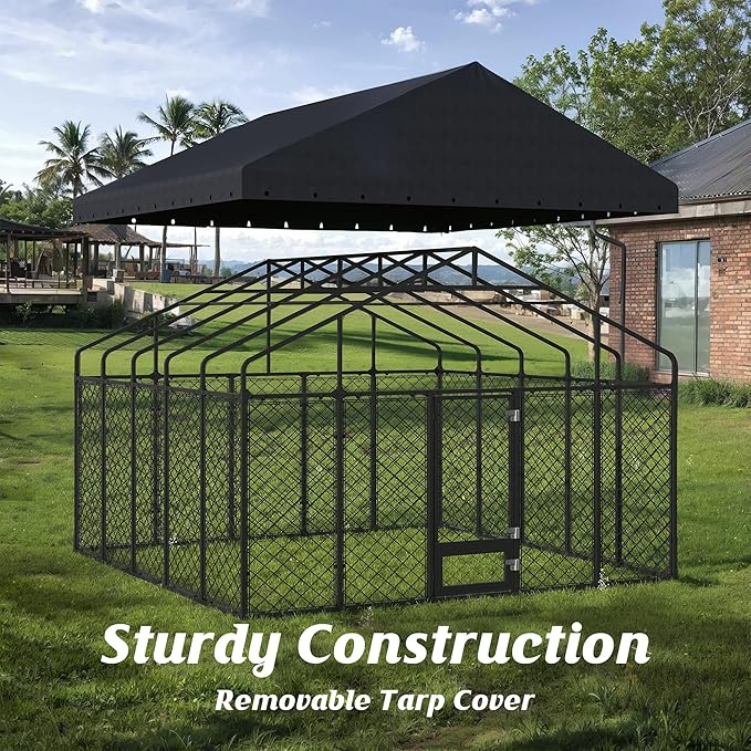 10x14FT Heavy Duty Outdoor Dog Kennel with Roof – Large Dog Enclosure & Weatherproof Dog House, Secure Metal Fence Playpen with Double Lock & Feeding Swivel Door for Big Dogs