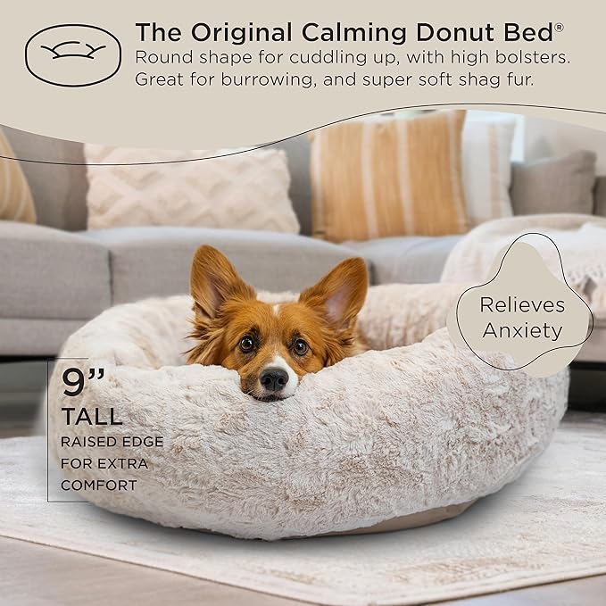 Best Friends by Sheri The Original Calming Donut Dog Bed – Washable Plush Pet Bed for Medium Breeds up to 45 lbs, Lux Faux Fur, Oyster, Medium (30" x 30")
