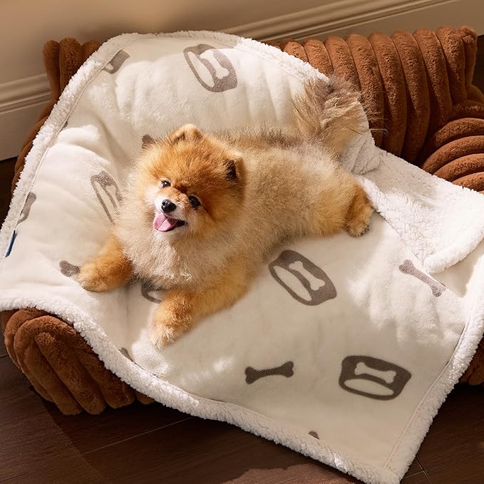 Bedsure Waterproof Dog Blankets for Small Dogs - Soft Print Sherpa Fleece Puppy Cat Blanket Washable, Cozy Plush Reversible Throw Furniture Protector for Pet Kitten Doggy, 25"X35", Beige