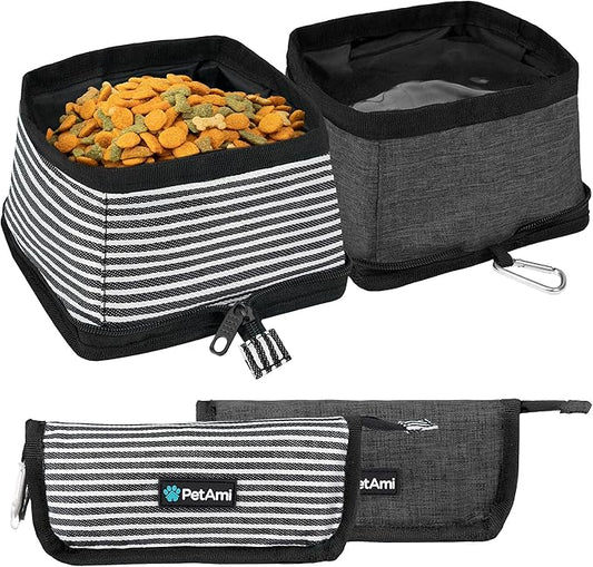 PetAmi Collapsible Dog Bowls 2 Pack, Food and Water Bowls Travel Set, Portable Pet Dish No Spill, Foldable Lightweight BPA Free Leakproof, Camping Hiking Walking Outdoor Gear Accessories, Stripe Black