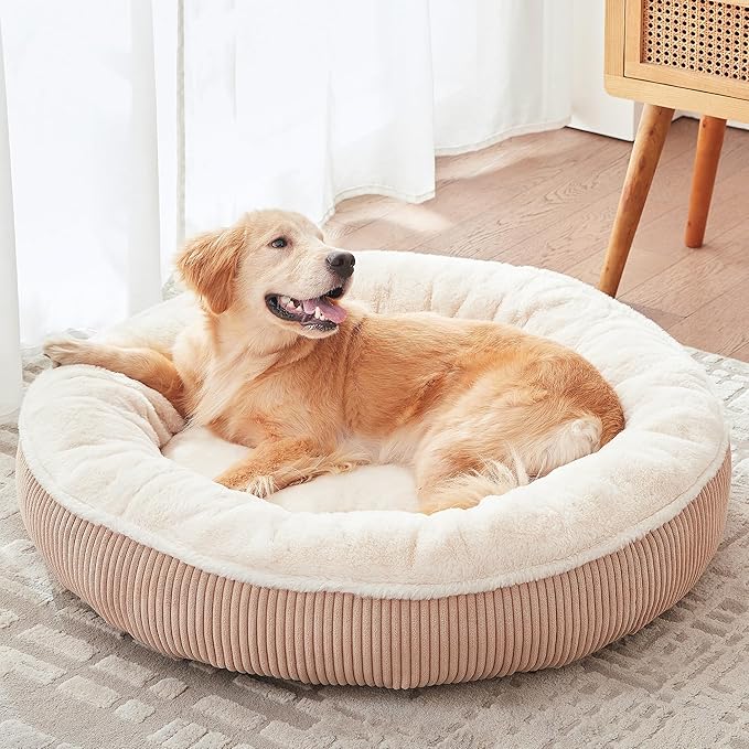 36 inches Donut Dog Bed for Large Dogs - Calming Round Pet Bed with Removable&Washable Cover, Plush Faux Fur & Corduroy, Fits Pets up to 80 lbs(Brown,Large)